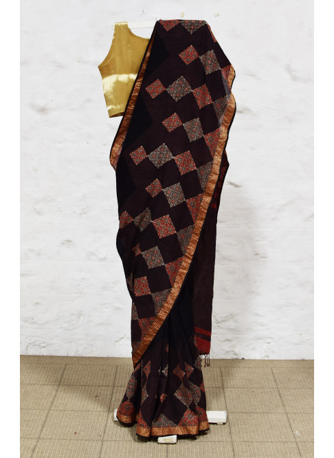 Black, brown and  red, Handwoven Organic Cotton, Textured Weave , Natural dye, Hand block printed, Occasion Wear, Jari, Ajrakh Saree